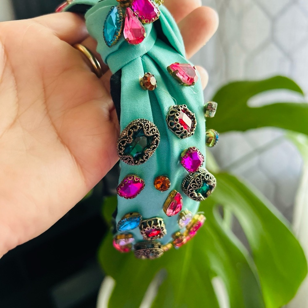 Embellished Turquoise Headband with Colorful Gems